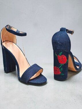 Denim Block Heels With Embroidered Red Rose Design & Adjustable Ankle Strap - Wo